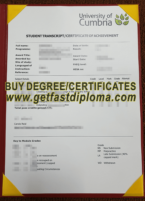 Fake University E of Cumbria transcript 